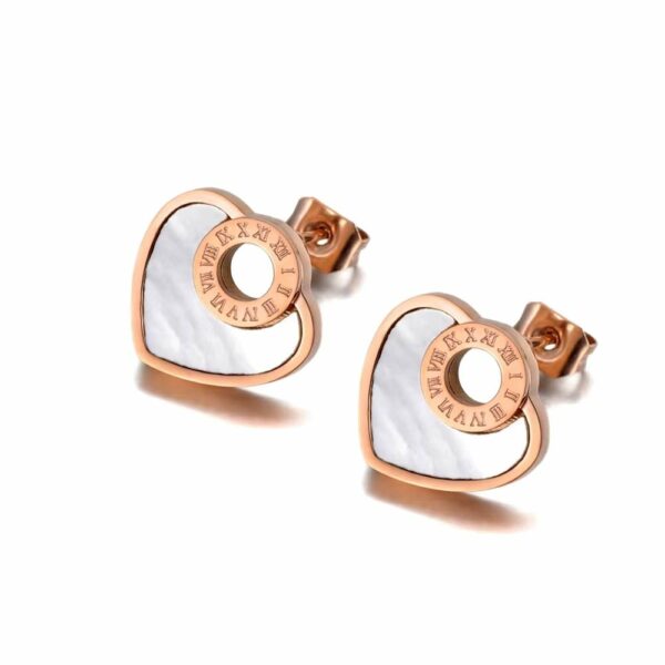 Boucles d’oreilles cœurs nacrés et anneaux romains - Rose doré