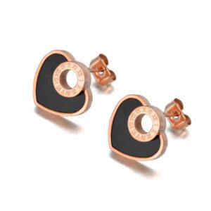 Boucles d’oreilles cœurs noirs et cercles romains - Rose doré – Image 2