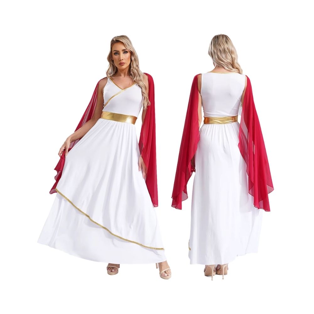Robe romaine antique blanche avec cape rouge – Image 1