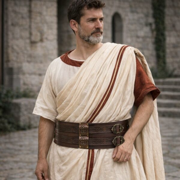 Ceinture romaine double en cuir brun